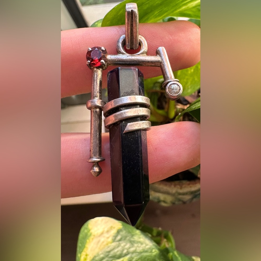 Vintage Silver and Black Pendant with Red Gemstone